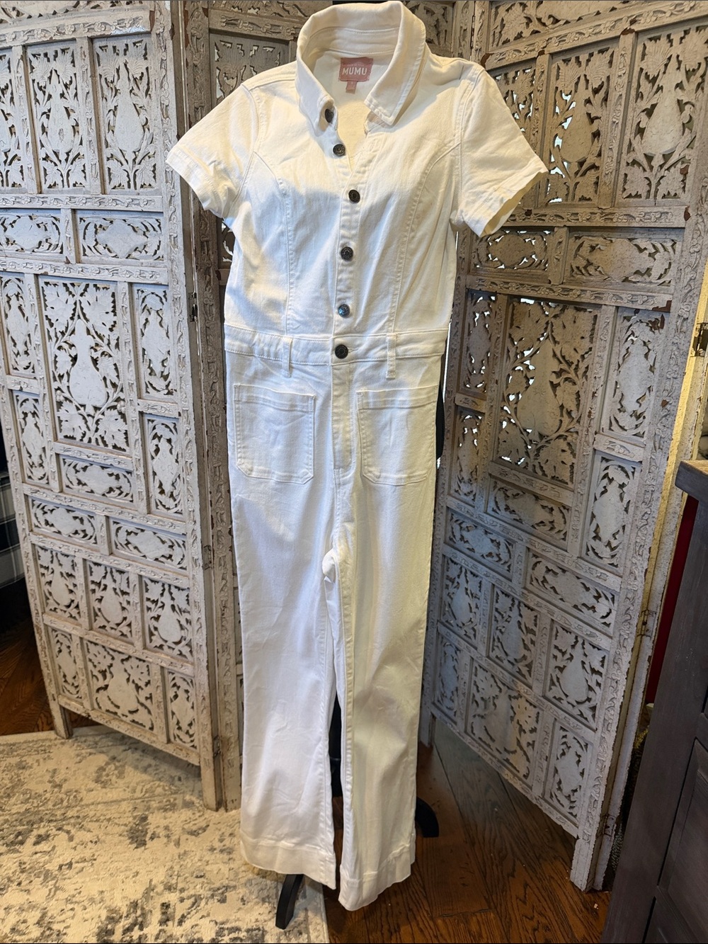 Show Me Your MuMu White Short Sleeve Button Front Jumpsuit